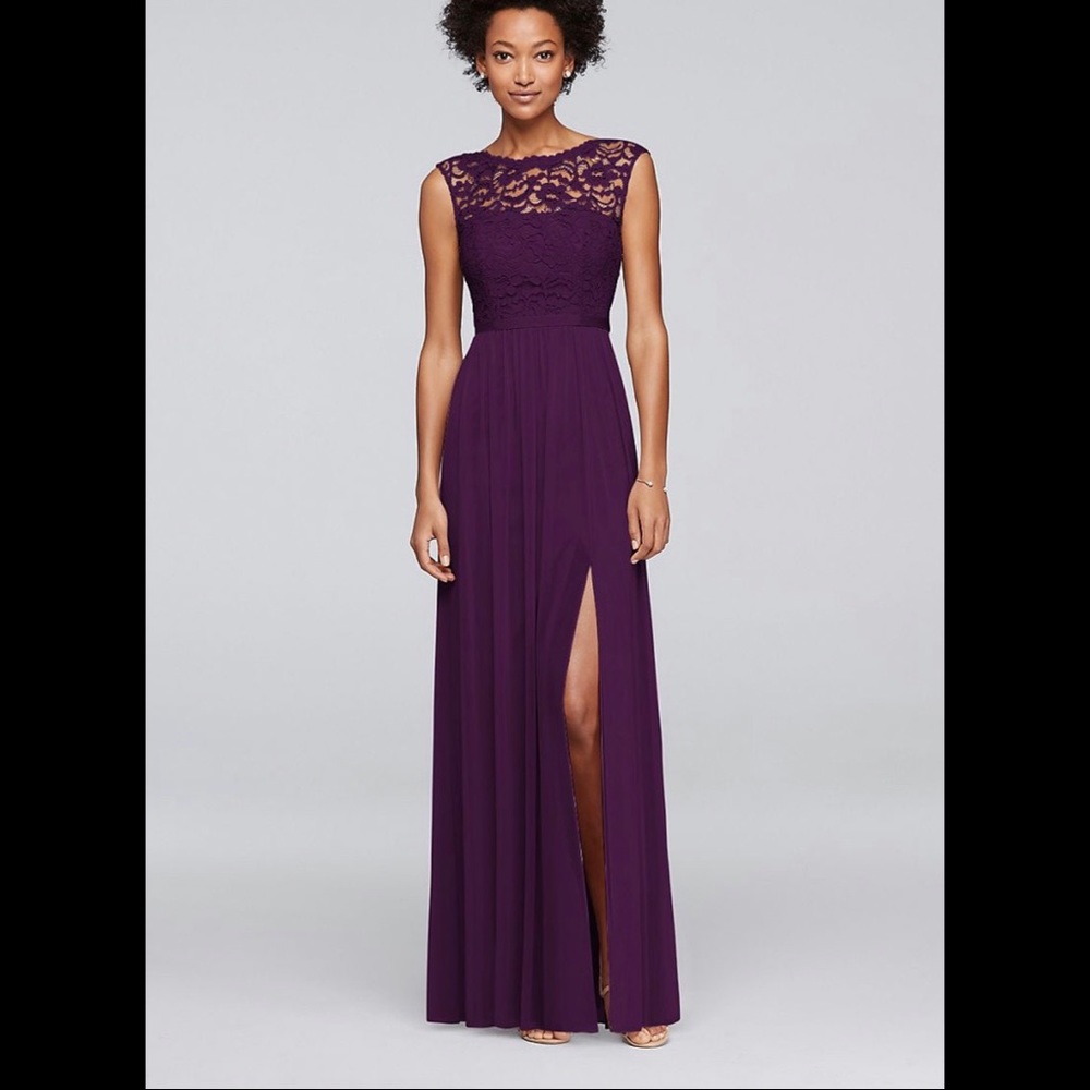 David’s Bridal “Plum” lace top bridesmaid dress
